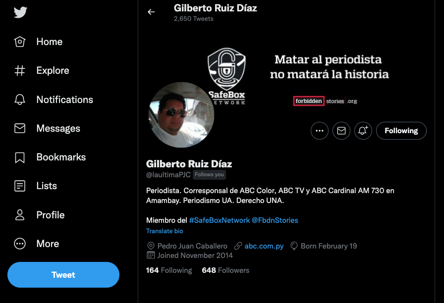 Capture d’écran du compte Twitter de Gilberto Ruiz Díaz