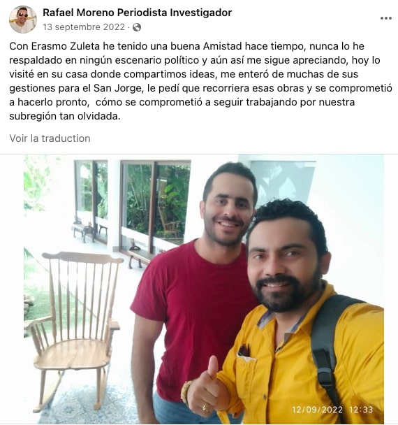 Publication Facebook de Rafael Moreno, relatant son entrevue avec Erasmo Zuleta le 12 septembre 2022