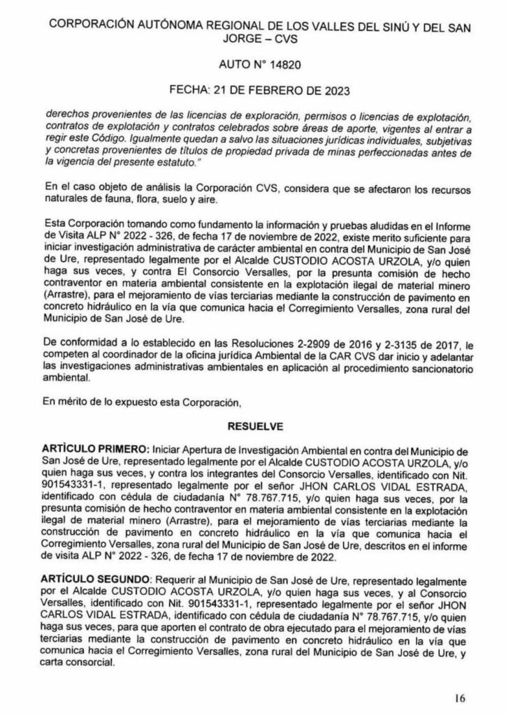 La CVS ordonne l’ouverture d’une enquête administrative contre la municipalité de San José de Uré et le Consorcio Versalles.